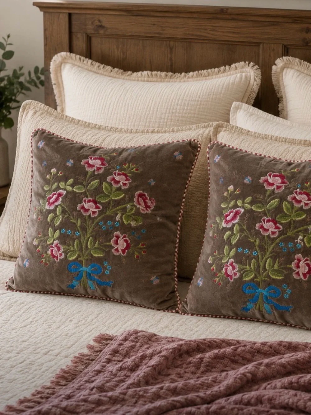 PIP Studio Embroidered Floral Throw Pillow covers Pair - taupe with Pink Flowers